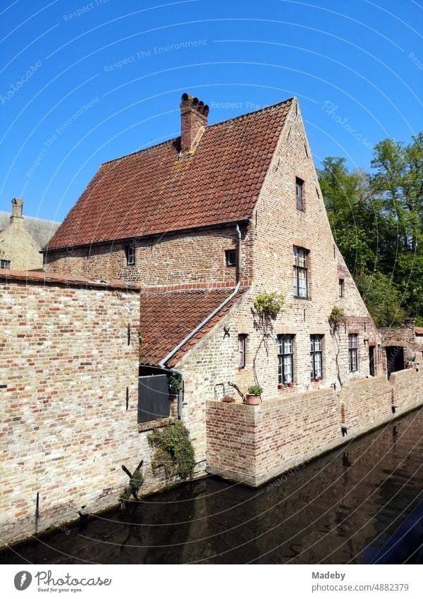 Blick von der Brücke auf den Beginenhof mit alter Mauer aus Naturstein und altem Backsteinbau mit Spitzgiebel vor blauem Himmel im Sonnenschein in der Altstadt von Brügge in Westflandern in Belgien