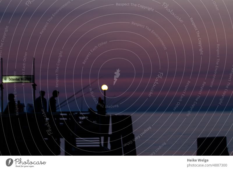 Anglersilhouetten in der Dämmerung Silhouette Ostsee Steg Wasser Meer Küste Strand Himmel Ferien & Urlaub & Reisen Horizont Erholung Abend Sonnenuntergang