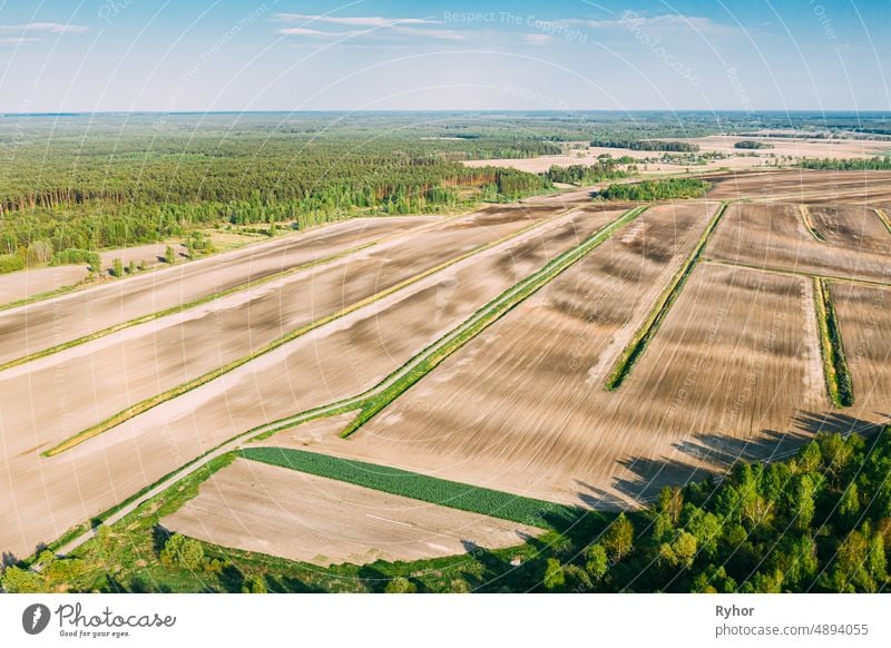 Aerial View Spring Empty Field With Windbreaks Landscape. Top View of Feld und Wald Gürtel. Drone View Vogelperspektive. Ein Windschutz oder Schutzgürtel ist eine Bepflanzung in der Regel zum Schutz des Bodens vor Erosion.