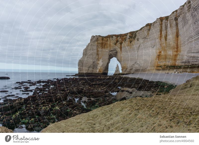 Die Nadel, gesehen durch den Bogen der Manneporte-Klippe an der Alabasterküste an einem bewölkten Sommertag, Etretat, Normandie, Frankreich Étretat Küste Meer