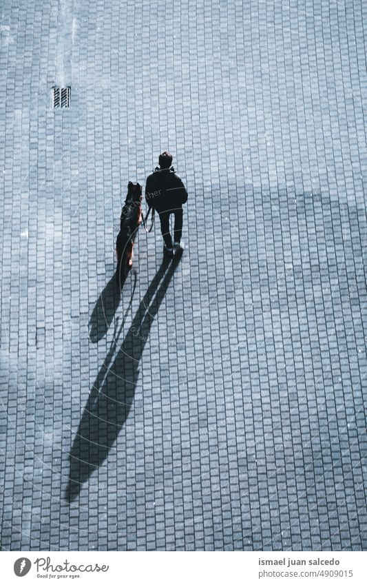 Mann läuft mit seinem Hund auf der Straße herum Person Menschen menschlich Fußgänger Haustier Schatten Silhouette Boden im Freien Großstadt urban Stadtleben