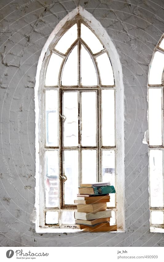 Buchstapel vor Fenster Erholung ruhig Umzug (Wohnungswechsel) Architektur Mauer Wand Stein lesen retro Gelassenheit Bücherstapel Literatur Rückzugsort Wissen