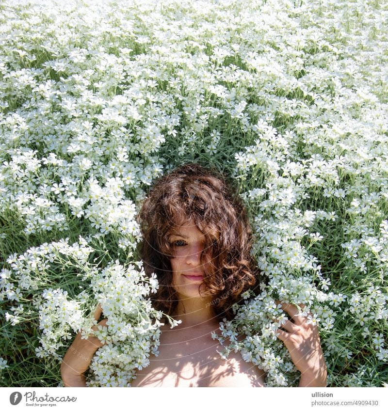 Porträt einer schönen jungen sinnlichen brünetten Frau zwischen vielen weißen Blumenblüten, die ihr Leben und die Natur genießt blüht genießen Zauberei u. Magie