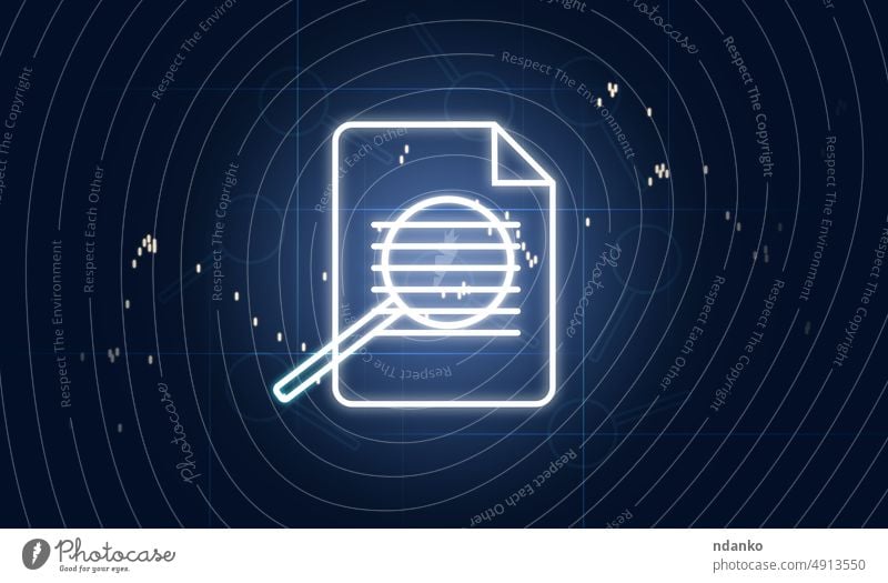 Dokument- und Lupensymbole auf blauem Hintergrund. Datenvalidierung Konzept, Kontrolle Schriftstück Finanzen Fälschung Zukunft futuristisch holographisch