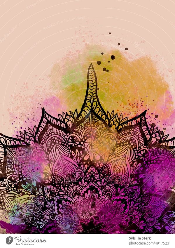 Mit Aquarellfarben besprenkeltes Mandala Tusche Meditation Osten Zen eingedenk Erholung Yoga Tuschezeichnung Strichzeichnung Spritzer bunt pulsierend geblümt