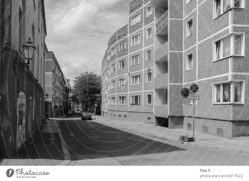 eine Straße in Halle an der Saale Plattenbau Halle (Saale) s/w Sommer Menschenleer Schwarzweißfoto Außenaufnahme Gebäude Tag Architektur Stadt b/w Bauwerk b&w