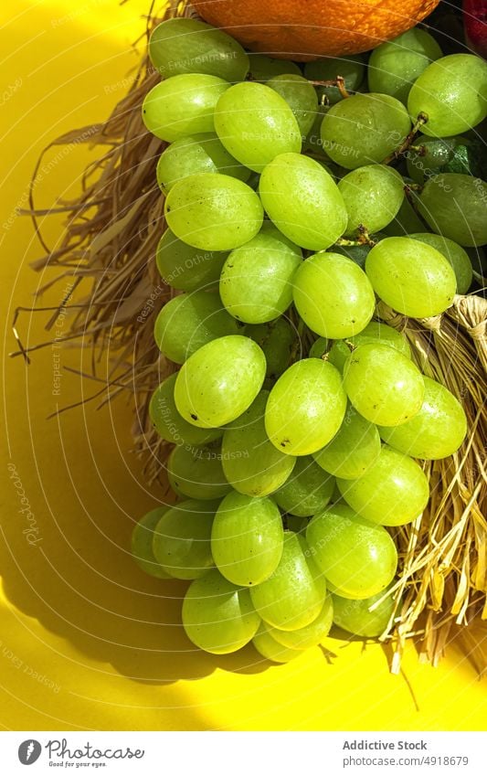 Frisches Obst im Weidenkorb Frucht Traube mischen Vitamin gesunde Ernährung orange Apfel Minze Korb natürlich sortiert reif Lebensmittel Blatt geschmackvoll