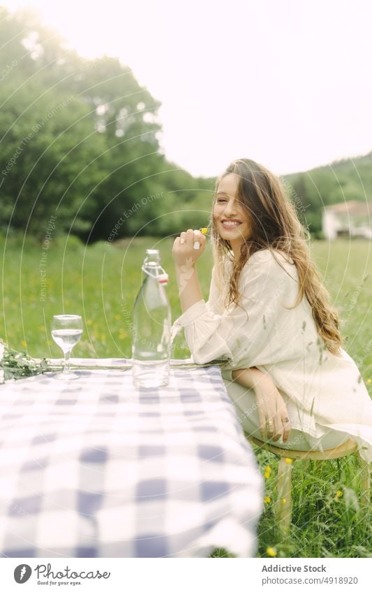 Positive Frau sitzt am Tisch in einem Feld Picknick Landschaft Sommer Erholung Natur Gras Zeitvertreib ruhen feminin Lächeln Getränk Kleid Optimist Inhalt