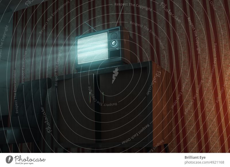 Retro Zimmer wird von einem alten Fernseher mit Bildstörung erhellt 3D-Rendering Verlassen abstrakt allein Hintergrund blau Konzept gruselig dunkel dramatisch