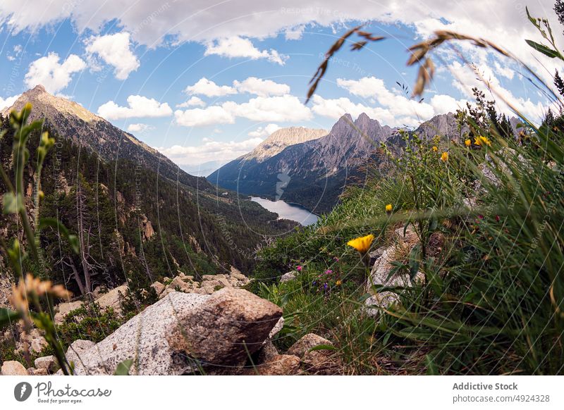 Landschaftlicher Bergfluss gegen Himmel in Spanien Fluss Berge u. Gebirge Natur Wald Ambitus See aiguestortes Tal Estancia de Saint Maurici San Mauricio Baum