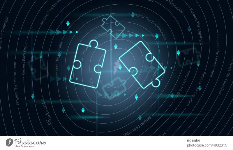 Neonpuzzle auf blauem abstraktem Hintergrund, das Konzept der Lösungsfindung Geduldsspiel neonfarbig Licht Stichsäge Teamwork glühen Strategie Business Scheitel