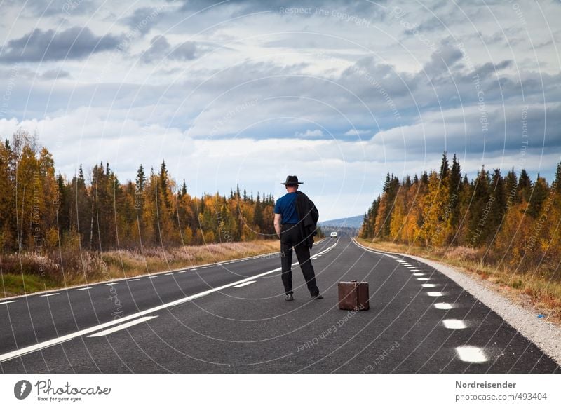 Unterwegs Ferien & Urlaub & Reisen Abenteuer Ferne Business Ruhestand Feierabend Mensch Mann Erwachsene Leben 1 45-60 Jahre Herbst Wald Verkehrswege