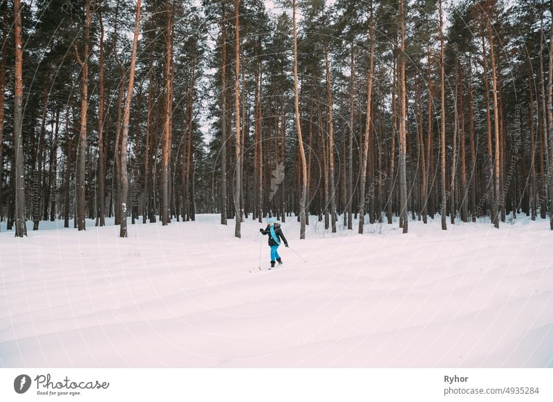 Aktive Erwachsene kaukasische Frau haben Spaß sind Skifahren im Winter verschneiten Wald. Aktiv Gesunder Lebensstil auf Winter Natur aktiv Erwachsener Kaukasier