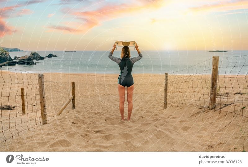 Surferin mit Surfbrett auf dem Kopf schaut auf das Meer unkenntlich Frau jung Neoprenanzug Sonnenuntergang Blick MEER Horizont Sonnenlicht Rücken Sand Strand