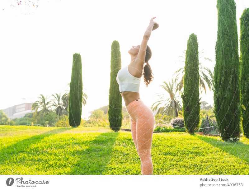 Schlanke Frau beim Stretching in der Natur Training Dehnung Aufwärmen Sport Landschaft Übung Gesunder Lebensstil Fitness Pflanze Vorschein Sportbekleidung