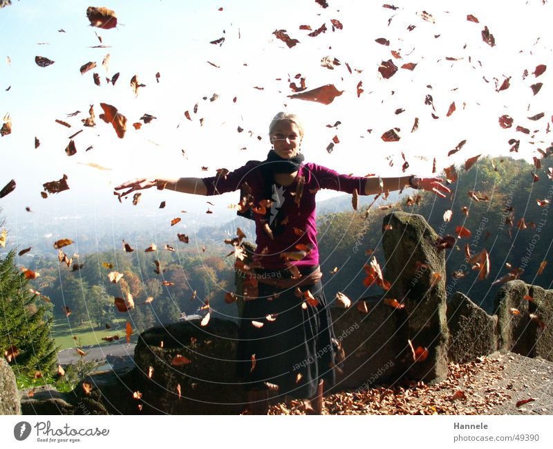 Herbstfee Frau Blatt Luft Natur Sonne Freude fliegen Himmel