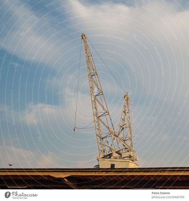 Kran über einem Flachdach Himmel Wolken Baustelle Hafen Hafenkran Industrie Außenaufnahme Menschenleer Alt Stahl