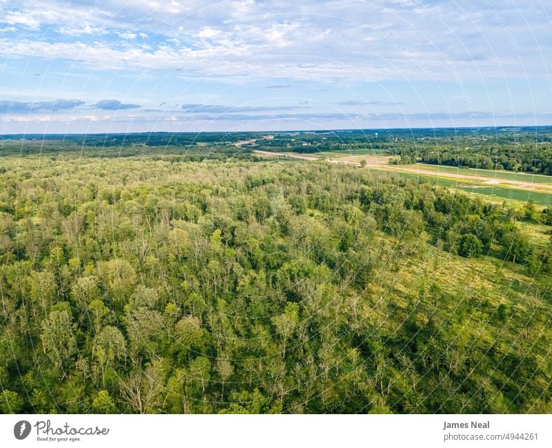 Ländliche Szene mit neuer Autobahn im Bau Gras Oberfläche Straße Land Hintergrund Fahrbahn Sommer Dröhnen Baum Wisconsin Architektur Umwelt grüne Farbe