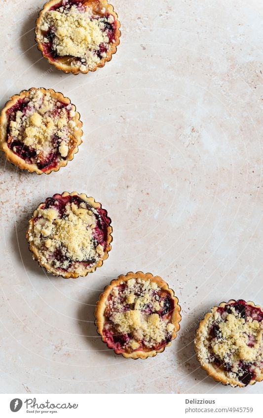 Fünf selbstgebackene Pflaumenstreuselkuchen von oben Torte bröckeln Pasteten frisch heimwärts Lebensmittel Hintergrund keine Menschen Bestandteil mehrere Frucht