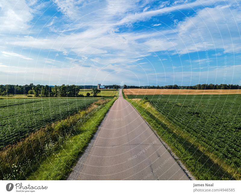 Leere Landstraße in Wisconsin Gras sonnig natürlich Natur Tag Hintergrund Ackerbau Sommer Dröhnen Straße nachhaltige Ressourcen landwirtschaftliche Fläche Silo