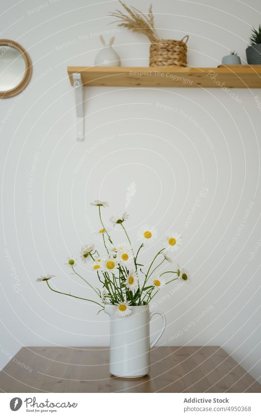 Vase mit frischen Bellis perennis-Blüten auf Holztisch Gänseblümchen Blume Blumenstrauß Dekor Pflanze zerbrechlich Tisch geblümt Haufen sehr wenige Keramik