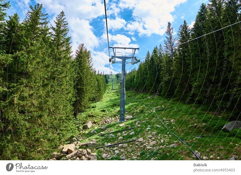 Berge mit offenem Seilbahnlift, Karpacz, Polen heben Antenne Wald Linie Sommer Hintergrund Natur Standseilbahn Resort sniezka Berge u. Gebirge Abenteuer Wagen