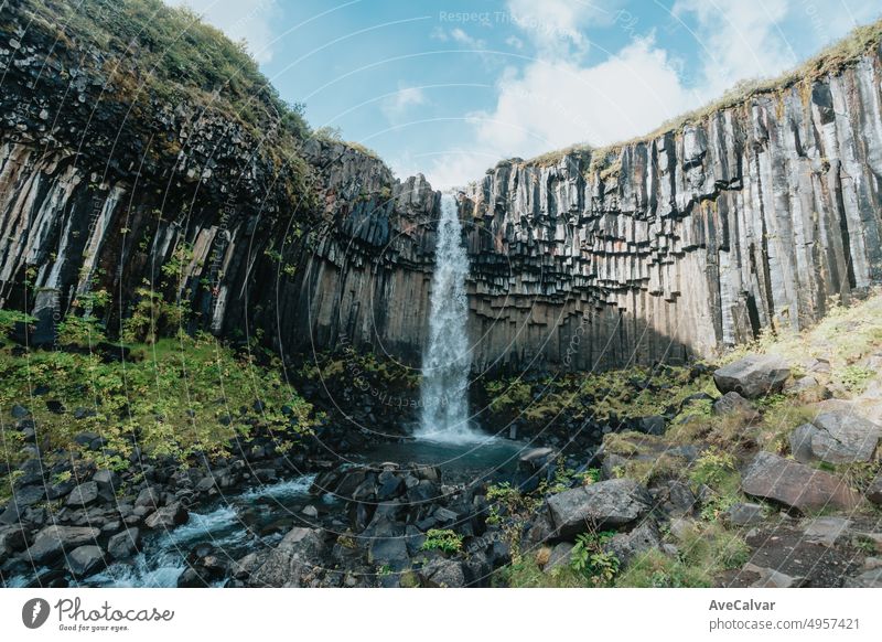 Svartifoss-Wasserfall in Island an einem stimmungsvollen Tag. Reisen auf van Konzept, Road Trip Stil. Besuchen Sie Island und nördlichen Ländern concept.Copy Raum Bild