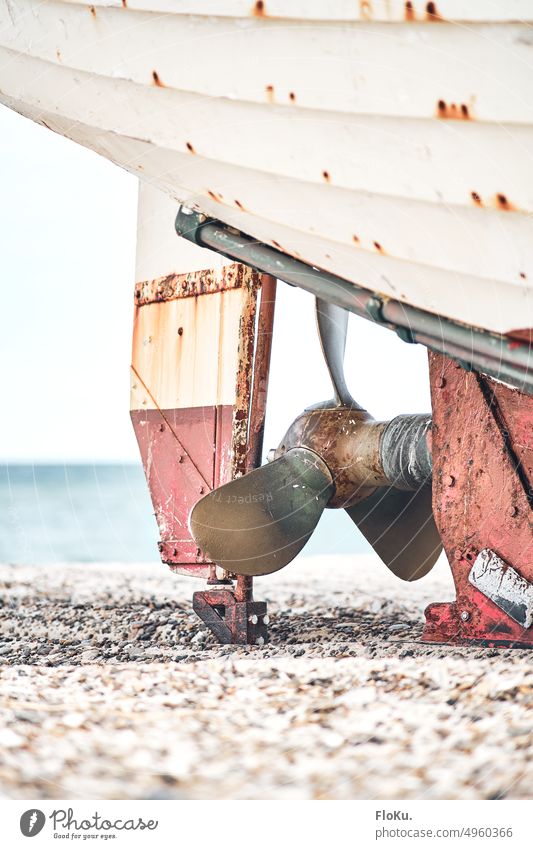 Schiffsschraube von altem Fischerboot Boot Nordseeküste Antrieb Holz Planken Wasser maritim Schifffahrt Meer Hafen Menschenleer blau Wasserfahrzeug