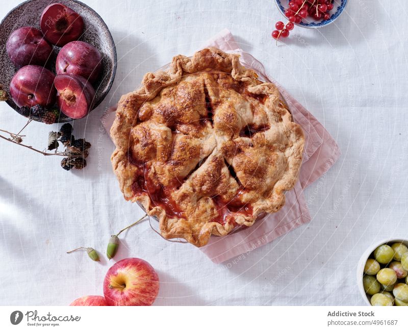 Hausgemachter Kuchen mit Äpfeln und roten Johannisbeeren Pasteten Apfel traditionell geschmackvoll Bestandteil braun Küche golden Mahlzeit Speise Brotbelag