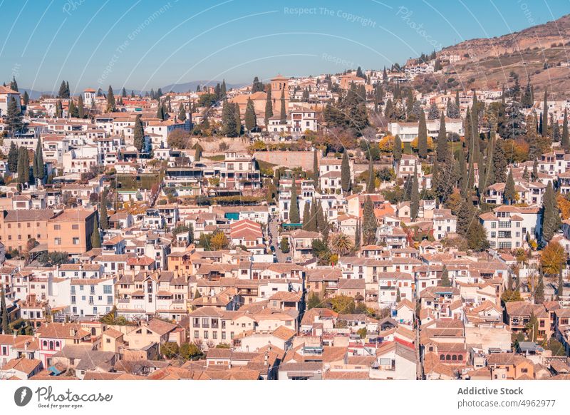 Häuser und Bäume vor wolkenlosem Himmel Haus Baum Straße Großstadt Wolkenloser Himmel wohnbedingt Gebäude Herbst Berge u. Gebirge Stadtbild Granada Andalusia