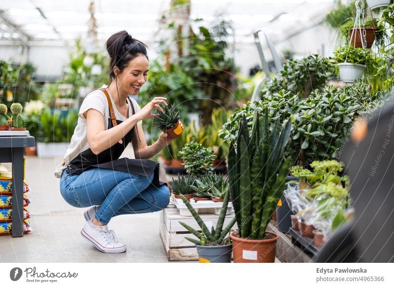 Florist im Blumenladen, der sich um die Pflanzen kümmert Gärtnerei Lächeln Positivität Natur Garten Gartenarbeit kultivieren Wachstum Hobby Frische wachsend