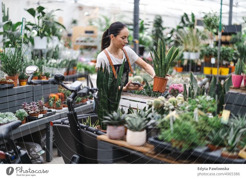 Florist im Blumenladen, der sich um die Pflanzen kümmert Gärtnerei Lächeln Positivität Natur Garten Gartenarbeit kultivieren Wachstum Hobby Frische wachsend