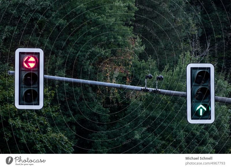 Rote Ampel, grüne Ampel Ampeln grün und rot Gegensatz Verkehr Straße Verkehrszeichen Farbfoto Licht Straßenkreuzung Außenaufnahme nach oben nach links