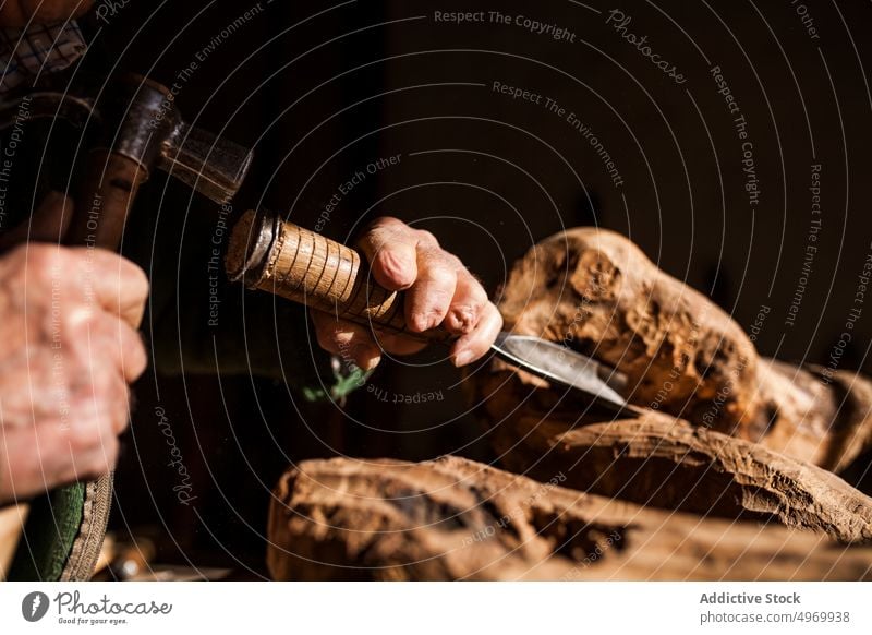 Schreiner bei der Arbeit mit Holz Zimmerer Hände Hammer Hohlmeißel Werkstatt älter knittern Gerät Werkzeug Industrie Handwerk Tischlerin Beitel männlich Senior