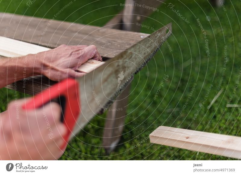 Mann sägt ein Brett durch Säge Handwerk Handwerker Holz Werkzeug Arbeit & Erwerbstätigkeit heimwerken bauen Holzbrett sägen Beruf Schreinerei Holzarbeiten