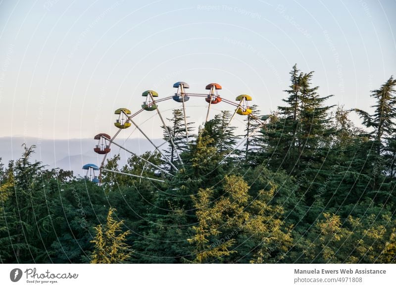 Das Riesenrad des Freizeitpark in Kutaissi (Georgien) ragt einsam aus den Baumwipfeln freizeitpark riesenrad gondeln wald mitten im wald baumwipfel baumkronen