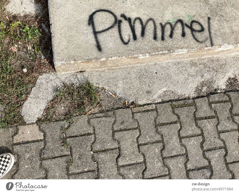 Karierte Schuhe Pimmel Asphalt Mensch Mode Graffiti street-art weiß Street Art kariert Kunst Außenaufnahme Straßenkunst Buchstaben Fassade streetart Kreativität