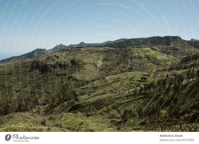 Hügelige und grüne Landschaft der Kanarischen Inseln Berge u. Gebirge Kanarienvogel Natur Spanien Himmel reisen ländlich malerisch Dorf Hintergrund Bauernhof