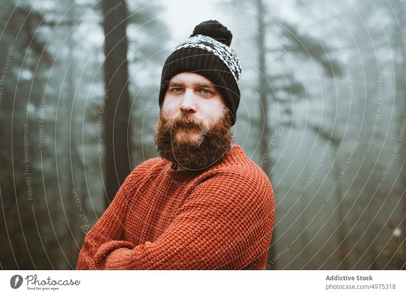 Bärtiger Mann in Pullover und Hut in der Nähe von Tannenbäumen Wald Regen Mantel Baum kalt Wetter Wasser Tropfen regnerisch bärtig nachdenklich Holz Denken Typ