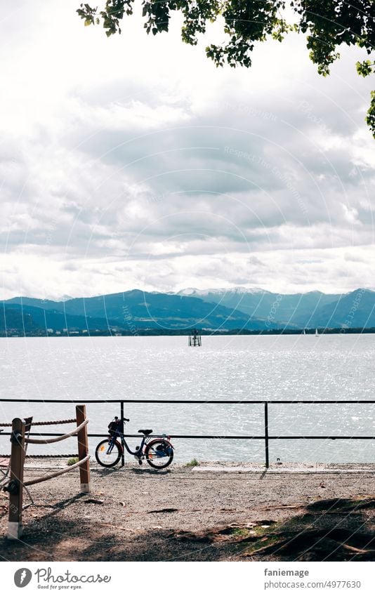 kleines Fahrrad Kinderfahrrad Art Bodensee sehen Geländer Fahrradtour wolkig wolken bewölkt süddeutschland baum Berge Panorama Landschaft blau Grün Kies Hafen