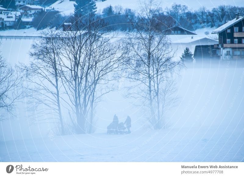 Zwei Erwachsene mit Kinderwagen machen einen Spaziergang durch dichten Nebel im Zillertal in Österreich nebel kinderwagen spaziergang dichter nebel sicht winter