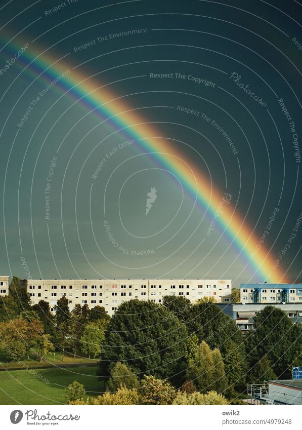 Rgnbgn Regenbogen Wetterumschwung Gewitter Wolken Himmel dunkel dramatisch Außenaufnahme Sonnenlicht Abend Farbfoto Dämmerung Licht Lichterscheinung Stadt