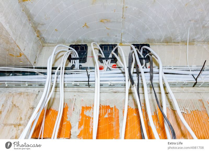 Ein Bündel verschiedener Kabel hängt von oben in einem Innenraum der Baustelle. Klotz Kasten Baustein Zimmerdecke Schaltkreis Beton Leiterbahn verbinden