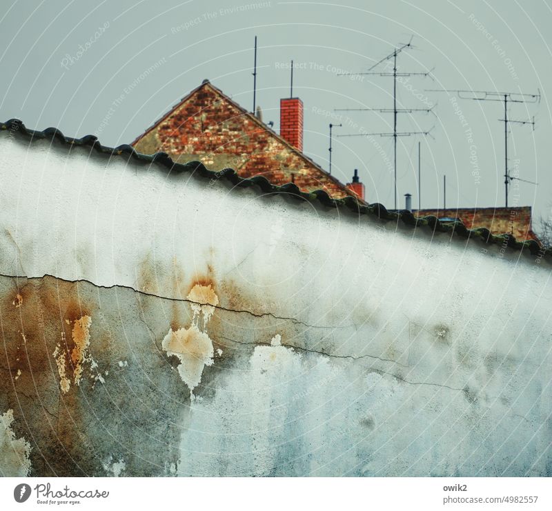 Alles auf Empfang Wand schäbig kaputt Zerstörung trashig dreckig baufällig marode Mauer Gebäude Haus Antennen Fernsehantennen alt trist Verfall abrissreif