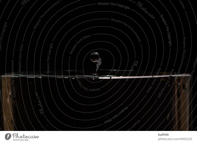 ein Tropfen fällt ins Wasser und hinterlässt Spuren Wassertropfen Schweben spritzen Wasseroberfläche Blitzlichtaufnahme fallen schwarz Lichtbrechung schwebend