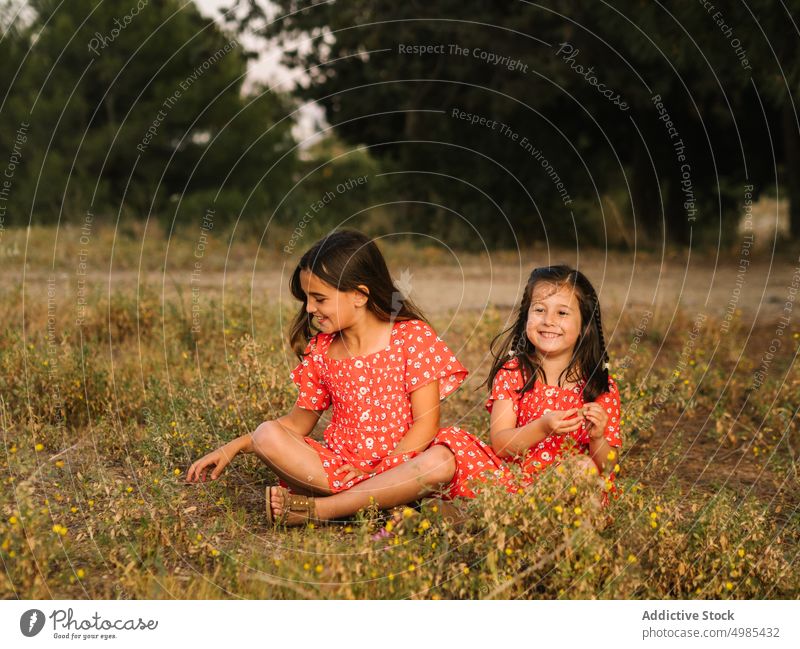 Zwei glückliche kleine Schwestern sitzen auf einer Wiese Mädchen Sommer Natur Sitzen Urlaub Glück sorgenfrei Freund Spaß rot Spielen Familie Kleid Feld