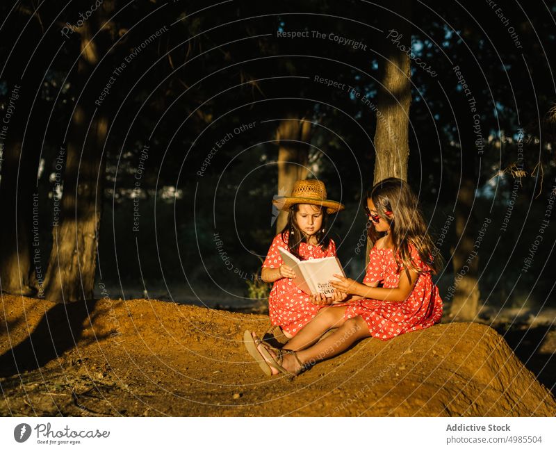 Zwei glückliche kleine Schwestern sitzen auf einer Wiese Mädchen Sommer Natur Sitzen Urlaub Glück sorgenfrei Freund Spaß rot Spielen Familie Kleid Feld