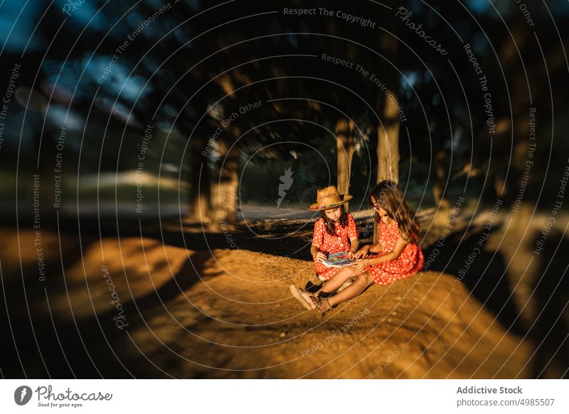 Zwei glückliche kleine Schwestern sitzen auf einer Wiese Mädchen Sommer Natur Sitzen Urlaub Glück sorgenfrei Freund Spaß rot Spielen Familie Kleid Feld