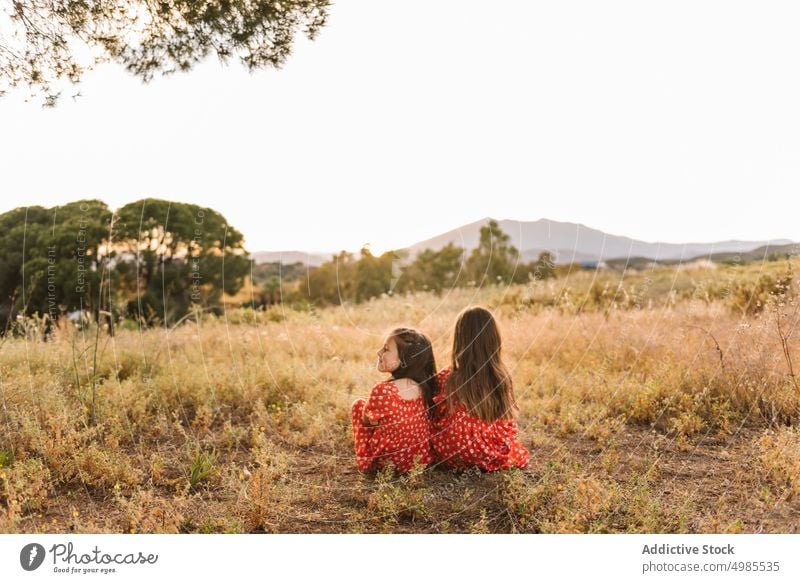 Zwei glückliche kleine Schwestern sitzen auf einer Wiese Mädchen Sommer Natur Sitzen Urlaub Glück sorgenfrei Freund Spaß rot Spielen Familie Kleid Feld