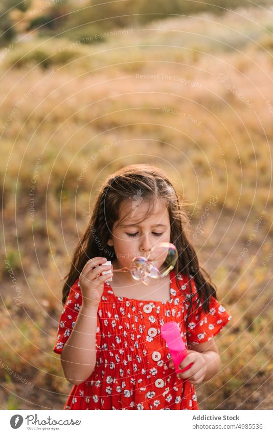 Nettes Mädchen bläst Seifenblasen in sonnigen Tag Glück spielerisch Sommer Natur Schlag rot rotes Kleid Unschuld heiter sorgenfrei Sonnenlicht Fliege bezaubernd